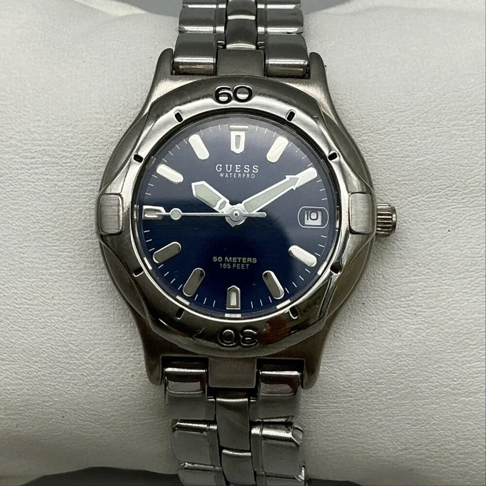 Guess Waterpro Womens Watch 28mm Blue Dial Date Stainless New Battery 6.25